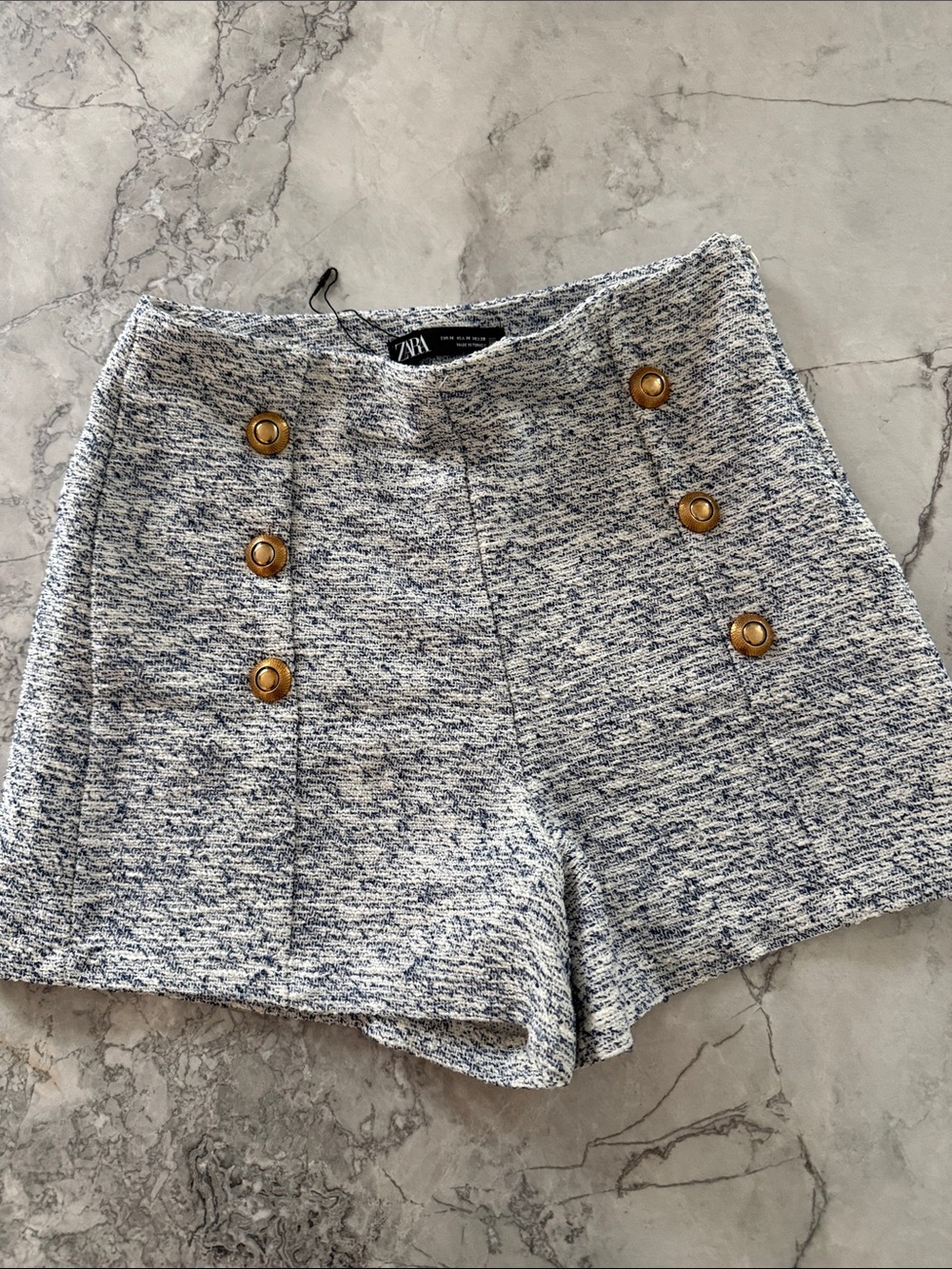 Zara Blue and White Tweed High-Waist Sailor Shorts with Gold Buttons